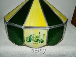 JOHN DEERE Leaded Glass Lamp Shade Green Yellow Panels with Different Tractors