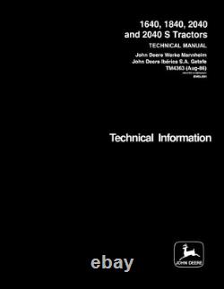 John Deere 1640, 1840, 2040, 2040S Tractor Service Manual Repair Shop Technical