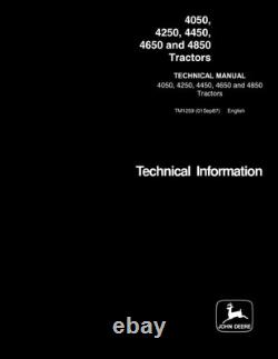 John Deere 4050, 4250, 4450, 4650, 4850 Tractor Service Manual Repair Shop Book