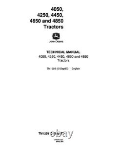 John Deere 4050, 4250, 4450, 4650, 4850 Tractor Service Manual Repair Shop Book