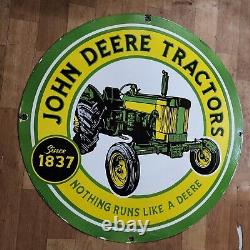 John Deere Tractors Porcelain Enamel Sign 30 Inches Round