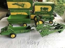 Vintage Ertl John Deere Farm Equipment Tractor, Spreader, Wagon, Loader With Boxes