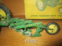 Vintage JOHN DEERE Toy Tractor & Plow with Tractor Box some condition issues