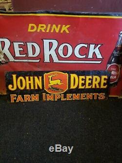 Vintage old original John Deere metal sign farm tractor barn gas oil embossed